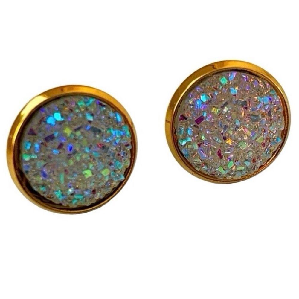 Men’s Iridescent Prism Crystal Stud Earrings Gold Tone